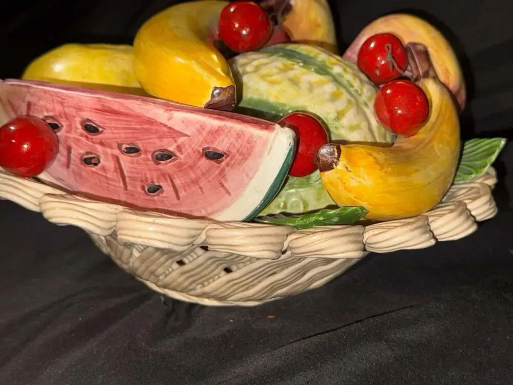 Vintage Ceramiche di Bassano Italian Majolica Hand-Painted Ceramic Fruit Basket